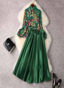 2022 Spring Summer Long Sleeve Lapel Neck Buttons Blouse High Waist Belted MidCalf Skirt Two Piece Suits 2 Pieces Set 22M0430058184711