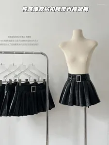 Skirts Sexy Black Leather A-Line Skirt With Belt Women PU High Waist Baggy Short Pleated Punk Vintage Gyaru Y2K Streetwear Gothic