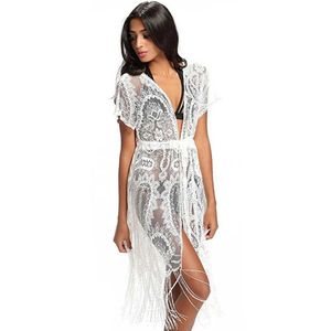 Frauen Strand tragen Frauen, die Quaste Beach Bikini Schal Badeanzug baden, sexy Spitzenstrandkleid weiße Cape Badeanzug Strand Cobe Up Robe de Plage Y240504