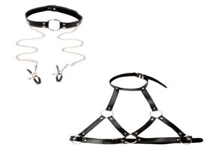 New Design Bondage Gear Set Mouth Gag Head Harness with Nipple Clamps and Breast Restraint Harness Faux Leather Erotic Costume B038803306