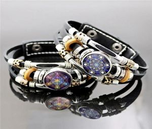 Perlenstränge Mysteriöser Metatronwürfel Mehrschichtiger Lederarmband Seilige Geometrie Blume von Life Glass Schnappknopf Armbänder Fo2227656