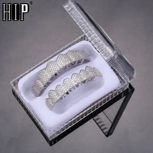 Hip Hop Dişleri Buzlu Dış Mikro Pave Kübik Zirkon Üst Alt Alt Takım ızgaraları Erkekler için Set Kadın Mücevher Kutusu Paketleme 240426