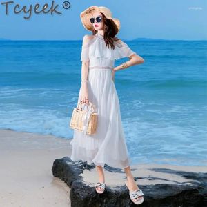 Parti Elbiseleri Yaz Elbise Kadınlar Mulberry İpek Beyaz Boho Tatil Plajı ZM2849 için Zarif Maxi