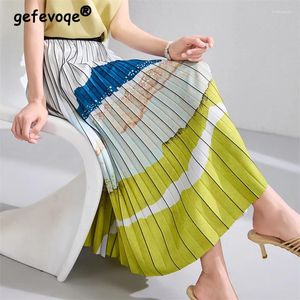 Kjolar kvinnor mode vintage bläck tryck chic elegant fest veckad midi kjol sommar lyxig hög midja en linje faldas para mujeres