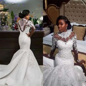 Bröllopsjärjedagare Pärlor Afrika South Lace Dresses Appliced ​​Plus Size Brudklänning Kapell Långärmar Custom Made Vestidos de Novia