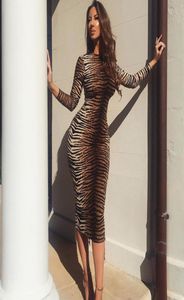 2019 Autumn Winter Women Midi Dress Party Bodycon Festival Tiger Print Sexy Long Sleeve Elegant Plus Size Office Clothes2622200