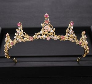 Trendy Pink Crystal Princess Crown Gold Wedding tiara Bridal Diadem Rhinestone Hair Jewelry Headpiece Wedding Hair Accessories80884669724