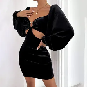 Casual Dresses Autumn Winter Golden Velvet Black Women Evening Dress Elegant Chic Ladies Office Business Korean Fashion Woman kläder