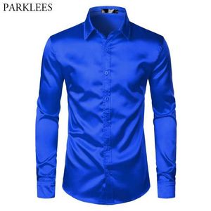 Z5RU Herrklänningskjortor Blue Silk Satin Shirt Men 2023 Luxury Brand New Slim Fit Mens Dress Shirts Wedding Party Casual Shirt Chemise D240507