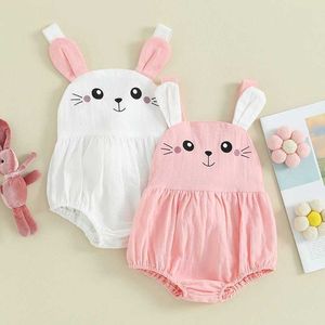 Rompers Baby Girls Easter Cami Romper Sleeveless Bunny Print Bandage Casual Romper with Plush Ball Decor H240508