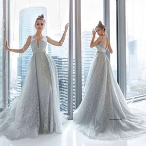 2020 Modest Beautiful V Neck Sleeveless Backless A Line Evening Sequins Crystal Formal Dresses Sweep Train Party Gown 0508