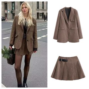 PB ZA Autumn Loose and Slim Suit Coat Leather Buckle Decoration bred veckad kjolbyxor Två stycken Set 240423