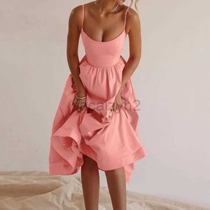 Sıradan Elbise Tasarımcı Elbise Kadınlar 2024 Yaz Yeni Düz Renk Seksi U-boyun bel kat ve asılı kayış büyük salıncak elbise kadınlar için artı boyutu elbiseler