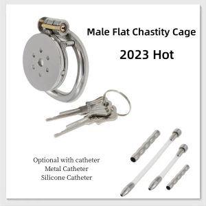 Produkte heißer Keuschheitsgürtel flach rundes Loch Metallkeuschigkeitsschloss mit Harnröhrenkatheter Penis Ring Hahn Cage Sissy Sex Spielzeug 18 schwule Männer