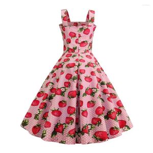 Casual Dresses fyrkantig halsringning Strawberry Print a-line prom med vintage knappdekor backless design elegant cocktail för kvinnor