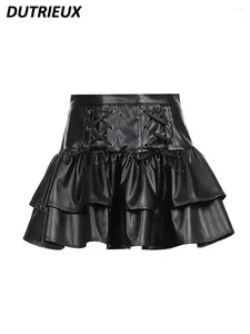 Skirts Japanese High Waist Slimming Long Leg Lace-up Girl PU Leather Skirt Ruffled Autumn Anti-Exposure Black Mini