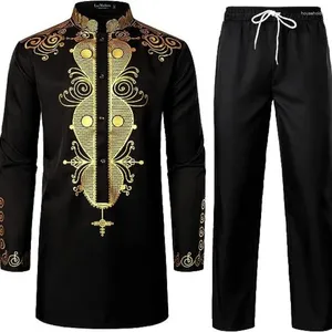 Etniska kläder för afrikansk kostym för män bronsande topp och byxor 2-delade set muslimska uppsättningar islamiska män abayat