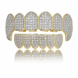 Hiphop Bling Zircon Teeth Men Men Mintated Real Gold Body Jewelry Top Botto Dooth Grills Cap Mold Kit Set Chanine Shape 240504