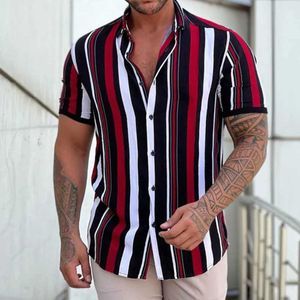 Men's Casual Shirts Summer mens short-slved shirt vertical stripes fashion casual mens shirt 2023 men slim top T240507