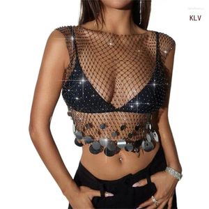 Kvinnors tankar Kvinnor Sexiga Rhinestones Sheer Mesh Top paljetter Spliced ​​See Through Hollowed Fishnet Sleugeless Crop Party Vests 6xda