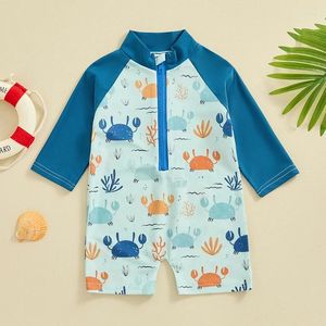 Clothing Sets Baby Boy Long Sleeve Swimsuit Round Neck Crab Coral Print Zip UP Rash Guard Swimwear Sun Protection Infant Toddler Bathing