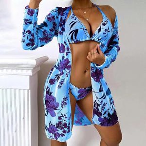 Kvinnors badkläder Big Bust Bikini Top Floral Print High Stretch 3 Set Baddräkter Triangel Halter Tie Rem Långärmad hittad PO