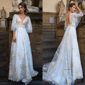 2020 Modest Beautiful V Neck Half Sleeve Backless A Line Evening Lace Applique Sequin Formella klänningar Svårt Train Party Gown 0508