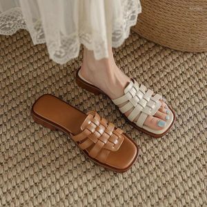 Slippers Vintage Sandals Women's Summer Ladies Outside Wear Flat Soft Leather Shoes Non-slip Flip-flops Woven Soles Brown