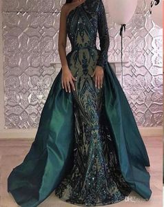 고급 짙은 녹색 이브닝 드레스 1 어깨 Zuhair Murad Dresses Mermaid Squined Prom Gown이 분리 가능한 기차 맞춤 제작 4446585