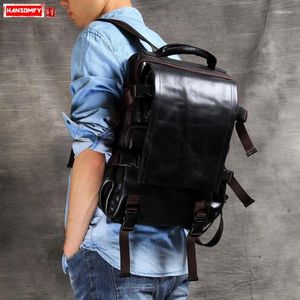 Рюкзак искренний кожаный мужчина 14 -дюймовая сумка для ноутбука перемещать плечо классические повседневные сумки ручной работы и женская корова
