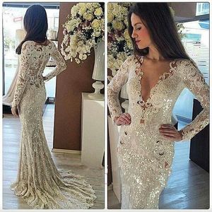 Long Sleeves Sparking Sequins Mermaid Dresses Lace Applique Sweep Train Formal Party Evening Prom Gowns