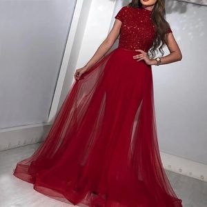 Robe de soiree Burgundy Muslim Mermaid Evening Dresses Long Sequined Top Tulle Skirt Dubai Saudi Arabic Formal Evening Gown 286s