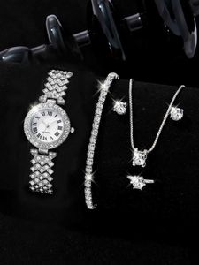 Kvinnors klockor 5st Set Women Ring Halsband örhängen Rhinestone Fashion Wrist Female Ladies Es Armband Set Clock