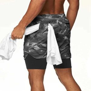 شورتات الرجال Camo Black Gym Men 2 في 1 شورتات رياضية للركض القرفصاء السراويل القصيرة الجافة الجافة الجفاف الجيوب القصيرة T240507