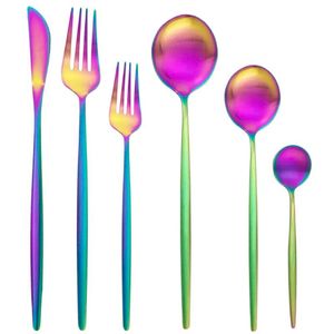 Zestawy zastaw obiadowych 24pcs Rainbow Flatware 304 Zestaw stolika ze stali nierdzewnej Mat Mat Tutlery Desser Fork Spoon Silverware Kitchen 218W