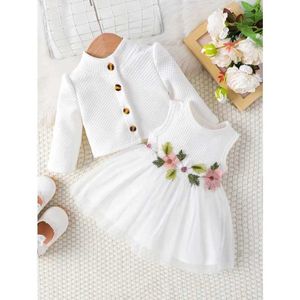 Vestidos de menina Top de menina e vestido de primavera/verão Aplicação de vestido princesa+jaqueta de manga longa Conjunto de bebê enviado em 5 diasl2405