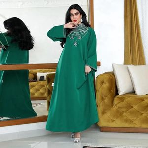 Ubrania etniczne kobiety Diamond koronkowy upo-upa Arabian Dubai Abayas Fashion muzułmańska sukienka Solidna długi rękaw codziennie z paskiem kaftan femme muzulman