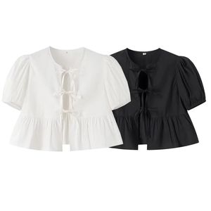 Traf White Crop Top Women Black Ruffle Short Puff Sleeve Blouse Memaly Tied Summer Blouses Woman2024 Ruched Cute Tops 240429