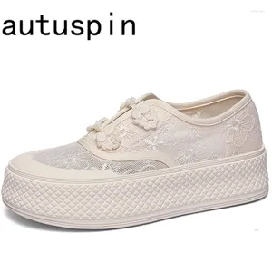 Lässige Schuhe Autuspin Chinesisches Design Frauen Wohnungen Sneakers Sommer atmungsaktives Spitzengeflecht Vulkanisierte weibliche Mode Canvas Schuh Größe 40