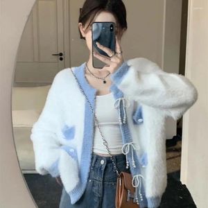 Kvinnors stickor Diamond Bow Mink Cashmere Kvinnor Y2K Cardigan Blue White Sweaters Coats Korean Sweet Sticked Sueter Mujer Elegant