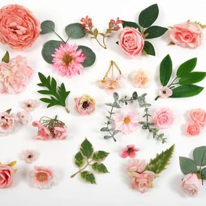 Dekorativa blommor 47 st blanda rosa konstgjorda siden blommhuvud blad grepp väska löst falsk för diy hantverk buketter krans girland dekor