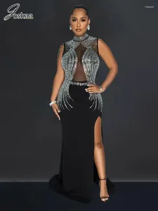 Abiti casual Joskaa Rhinestone Mesh See attraverso abiti da sera patchwork Donne sexy Side High Split BodyCon Maxi 2024 Clubwear da festa