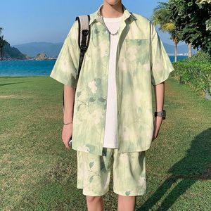Summer Men Outfits Two-piece Shirt and Shorts Printing Thin Silky Leisure Time Clothes Beach Travel Oversize Sets Male 240425