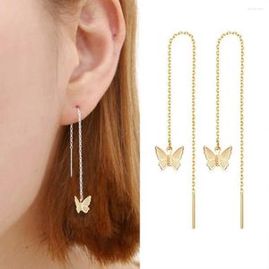 Dangle Earrings Korean Women's Thread Dangling Earings Gold Color Stainless Steel Butterfly Charm Long Chain Threader For Women Jewelry