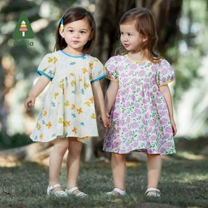 Girl's Dresses Amila Baby Girl Dress 2023 Summer New 100% Cotton Cute Little Flower Bow Casual Fresh Round Neck Dress 0-6YL2405