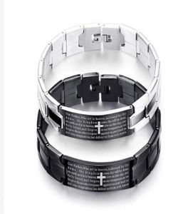 Titanium Steel Black Cross Bracelet English Bible Lord039s Prayer Charms Cuff Inlaid Magnet Bracelet For Men Couples Gift Jewel2424186