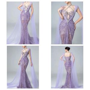 Sukienki na studniówkę luksusowe fioletowe kryształowe sukienki wieczorowe Nowy 2024 koronkowy z koralikami Syrenka cekinowa cekinowa balowa sukienki wisze szyi błyszcząca sukienka szata de otbde