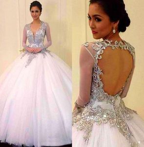 Long Ball Gown Quinceanera Dresses New Sweet 16 V Neck Tulle For 15 Years Backless Long Sleeves Beads8856469