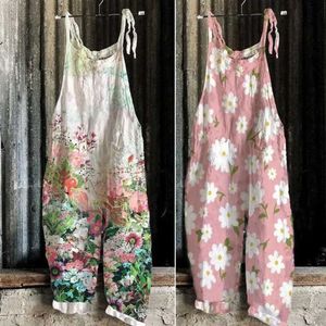 Jumpsuits für Frauen Rompers Frauen Jumpsuit Floral Print Wide Leg Strand Jumpsuit Vintage Temperament Lose sitzender Overall für Urlaub D240507