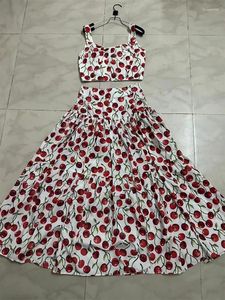 Vestidos de trabalho elegantes impressão de cereja de verão de um casaco curto de colar de duas peças Terno de duas peças Cantura alta vestido de moda de saia grande